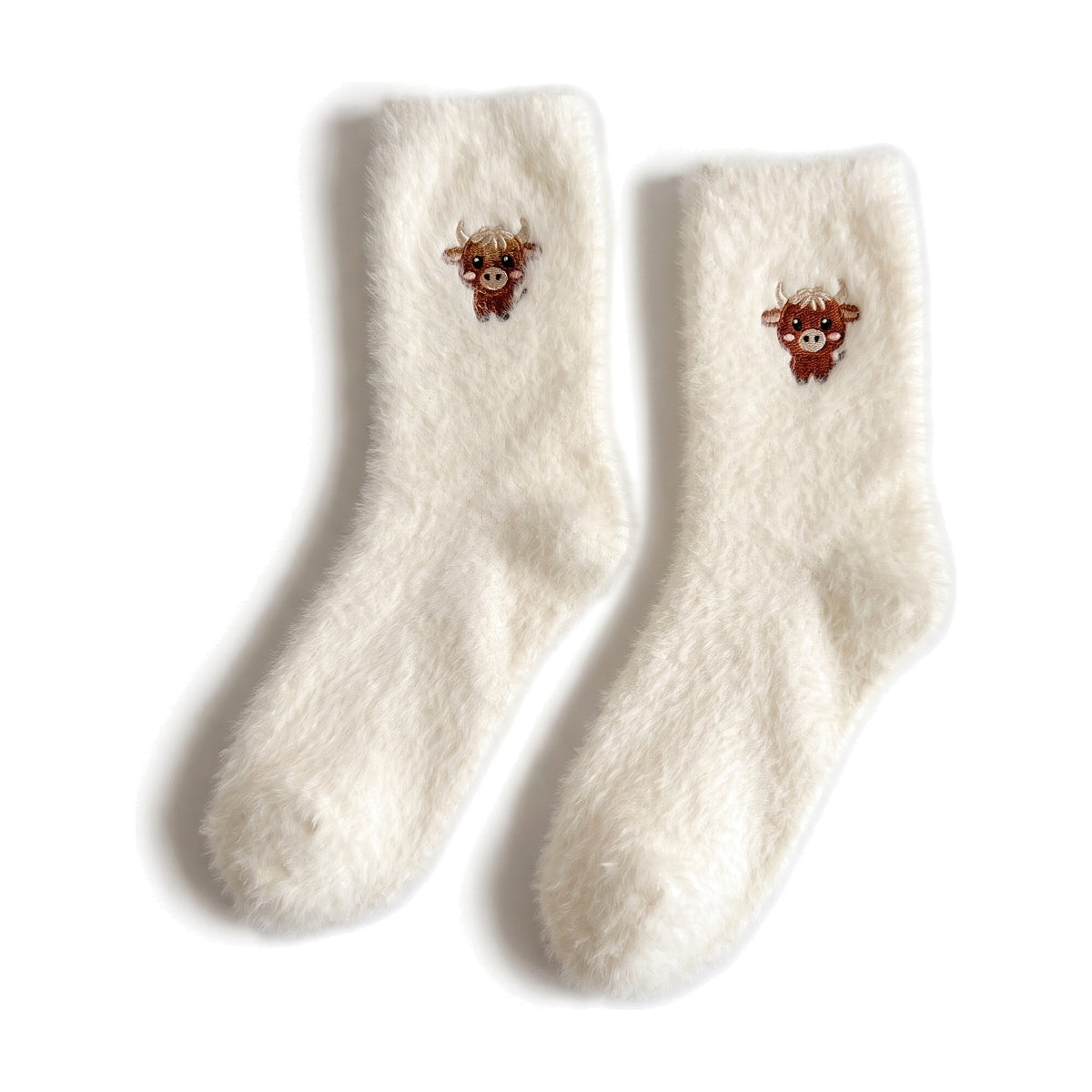Cream fluffy socks with embroidered Highland cow face