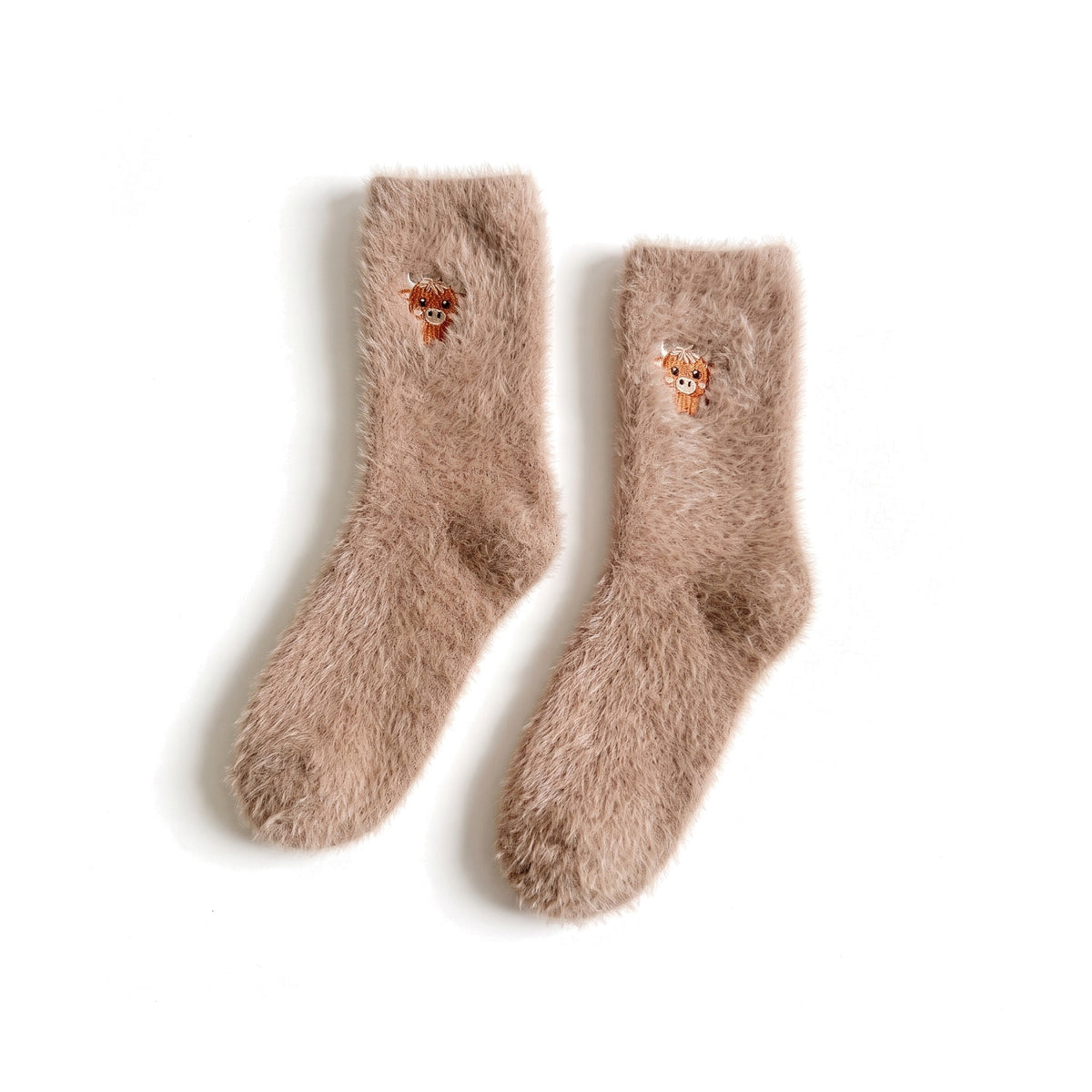 Latte beige fluffy socks with cute Highland cow motif