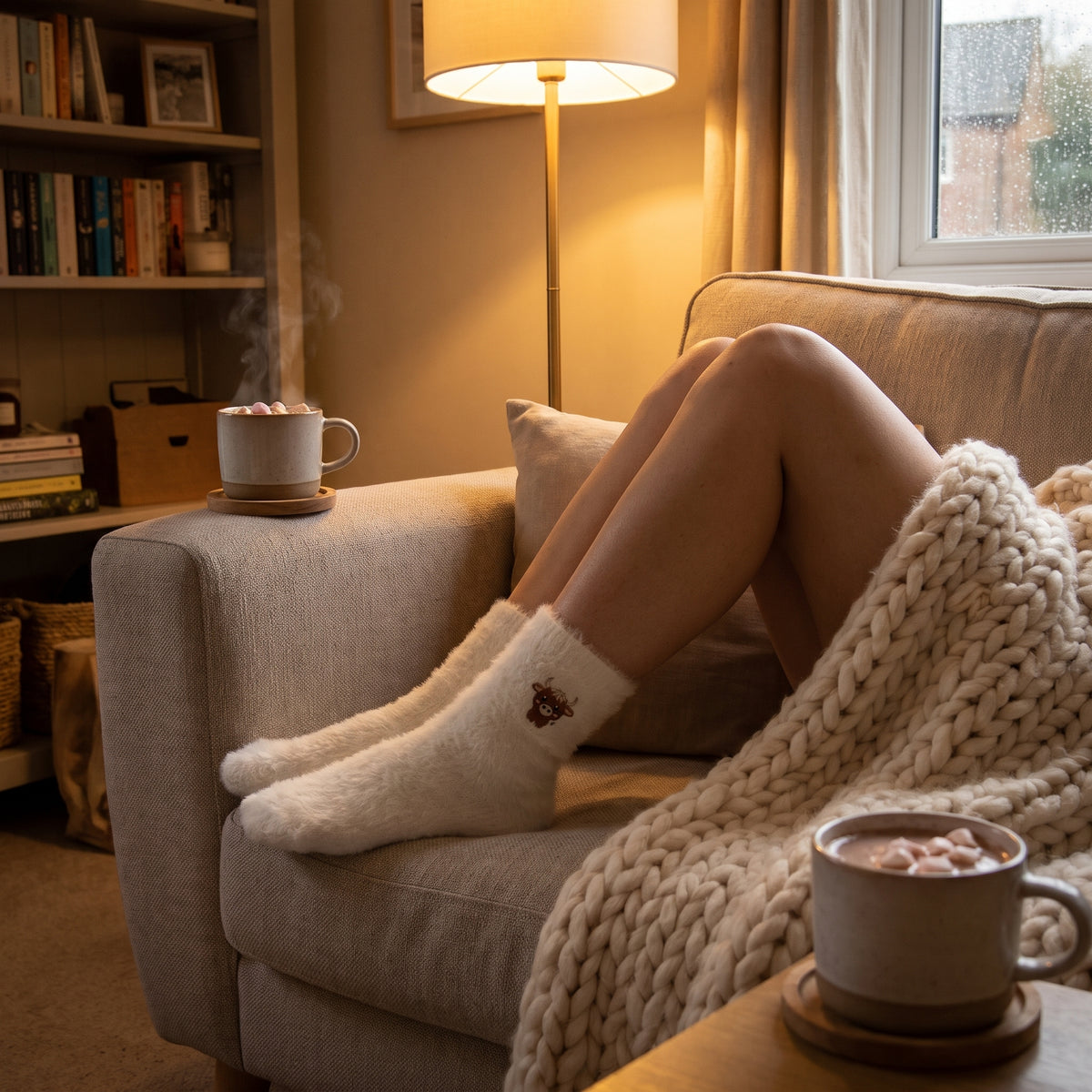 Woman relaxing on a sofa in cream Highland cow fluffy socks
