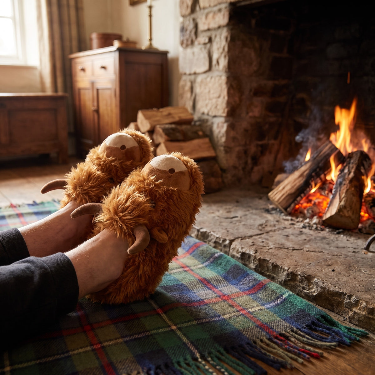 Feet in highland cow slippers on a tartan rug by a cottage log fire