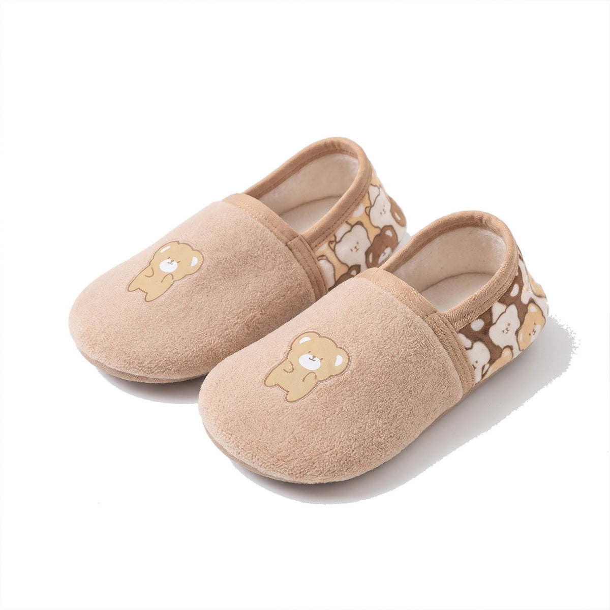Beige kids slippers with embroidered teddy bear