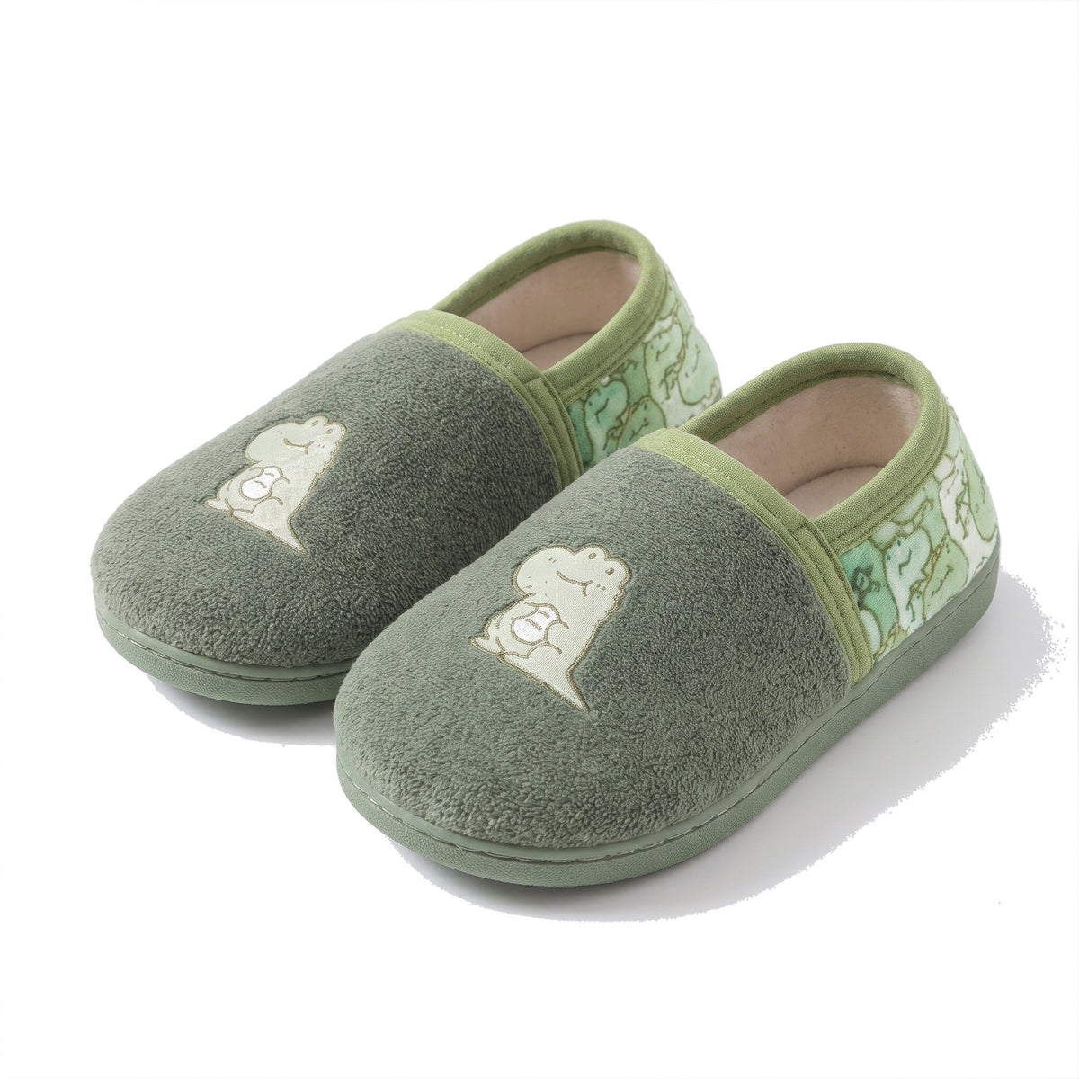 Green kids slippers with embroidered dinosaur