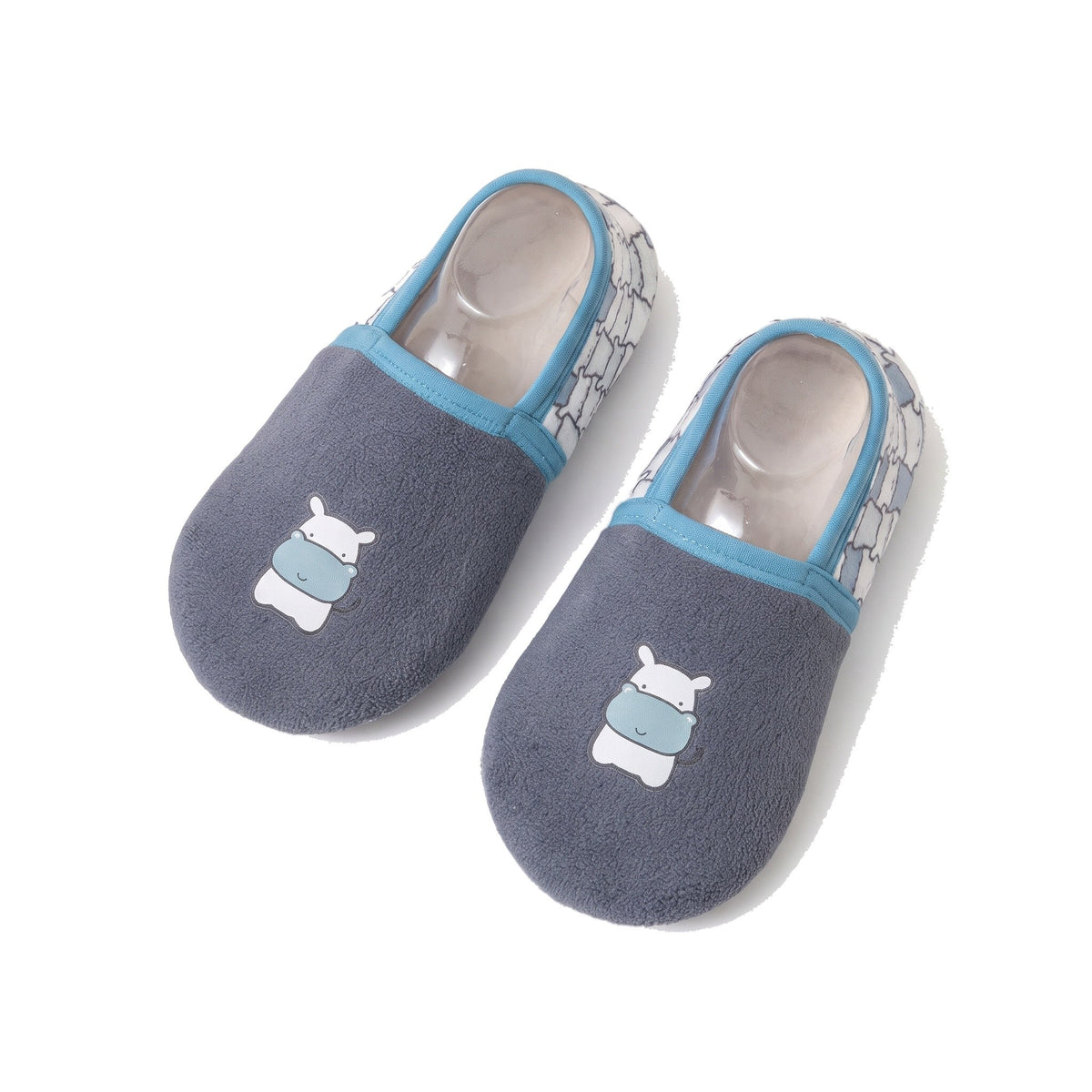 Navy kids slippers with embroidered hippo and non slip sole