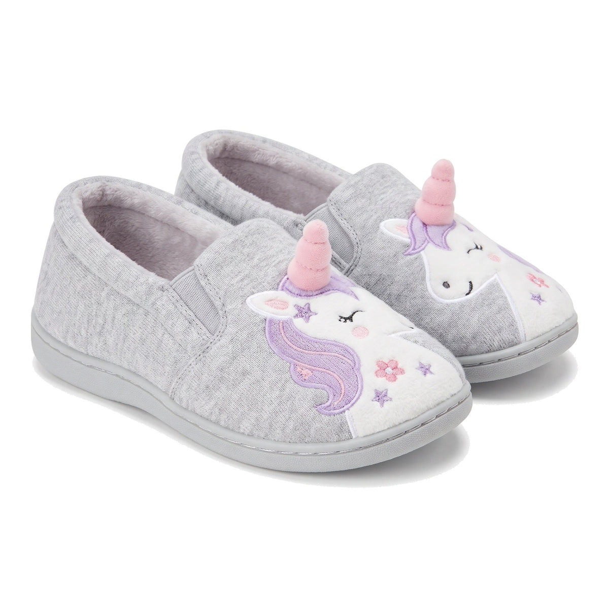 Grey kids unicorn slippers with pastel mane and non slip sole