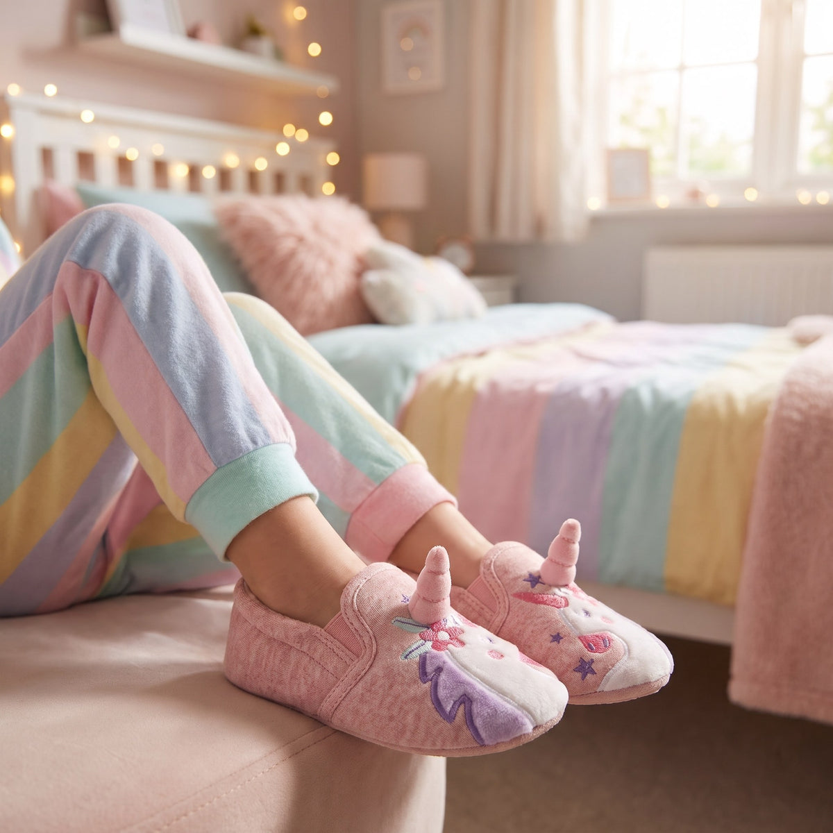 Child sitting on a bed in a pastel bedroom wearing pink unicorn slippers with soft horn