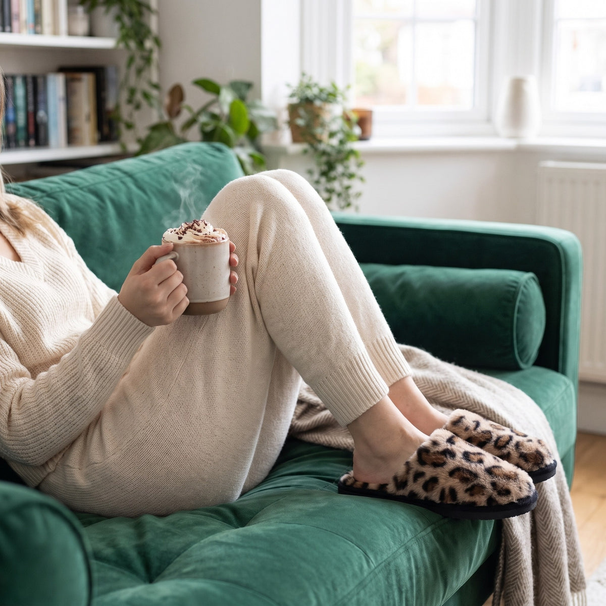 Woman with hot chocolate on a green sofa wearing leopard print slippers