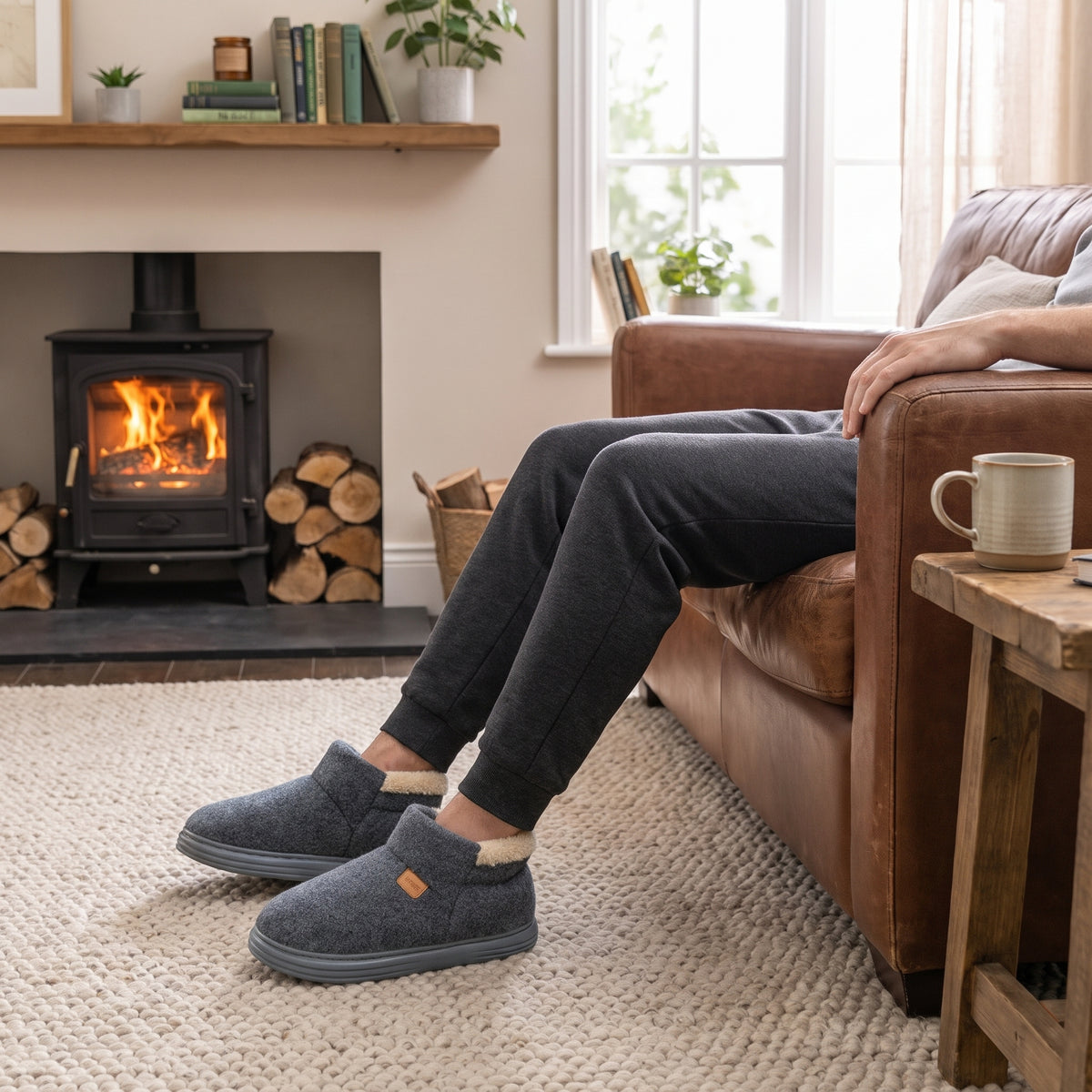 Man relaxing by a wood burner wearing charcoal bootie slippers