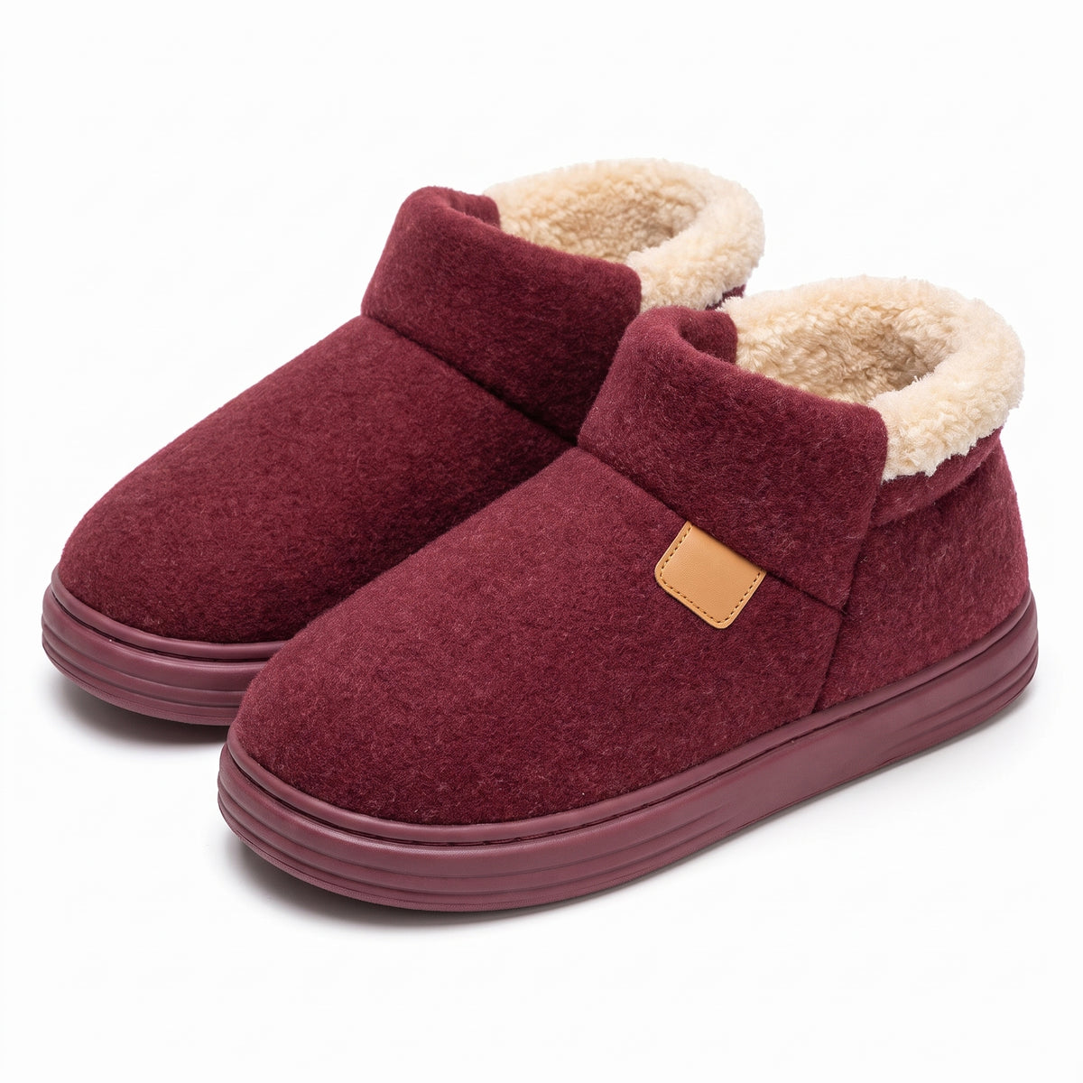Men's fleece lined bootie slippers in burgundy with sherpa collar
