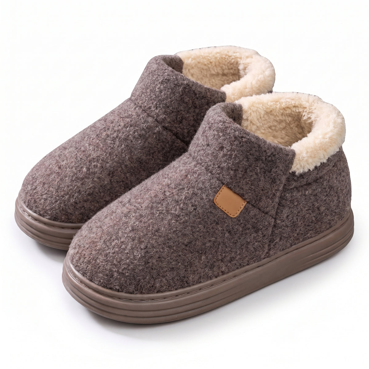 Men's fleece lined bootie slippers in coffee brown with sherpa collar