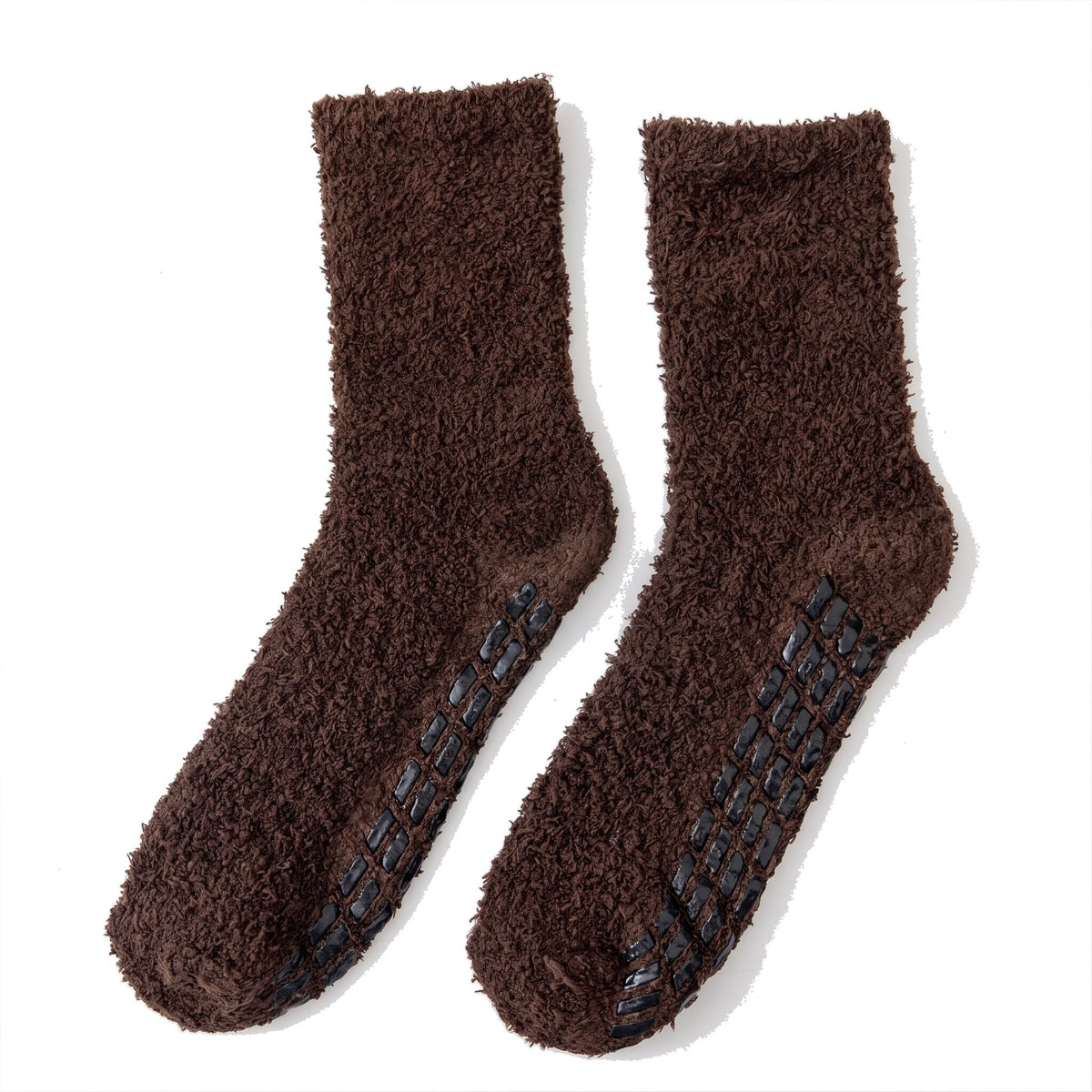 Brown men's fluffy slipper socks with non slip dots