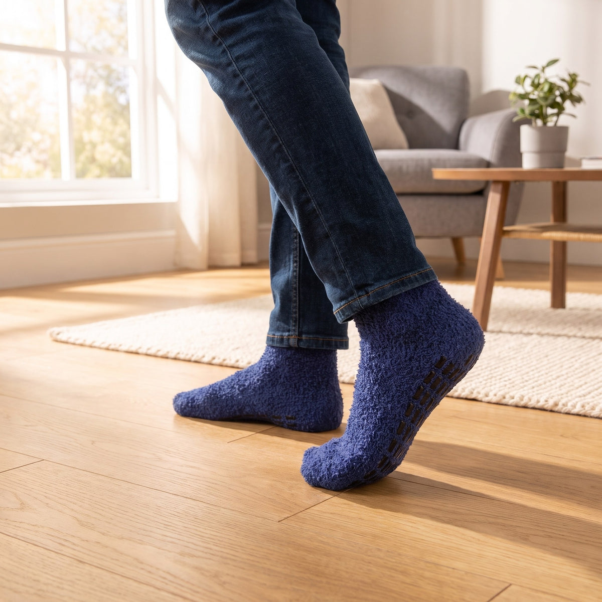 Man walking on a wooden floor in navy gripper slipper socks