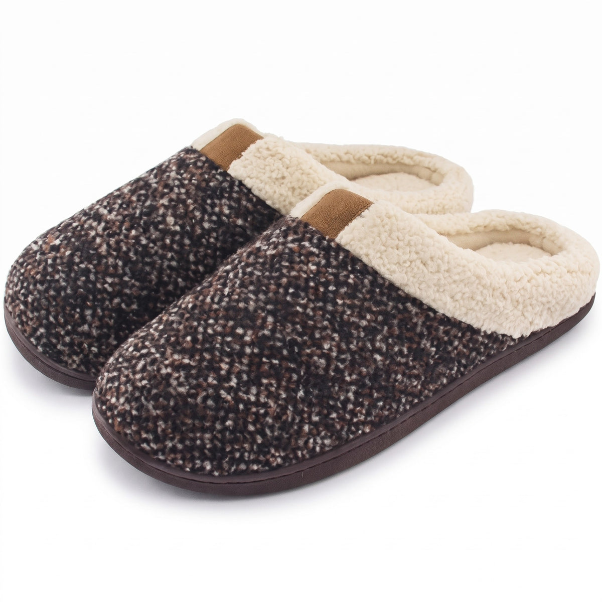 Men's brown marl knit memory foam slippers with sherpa collar