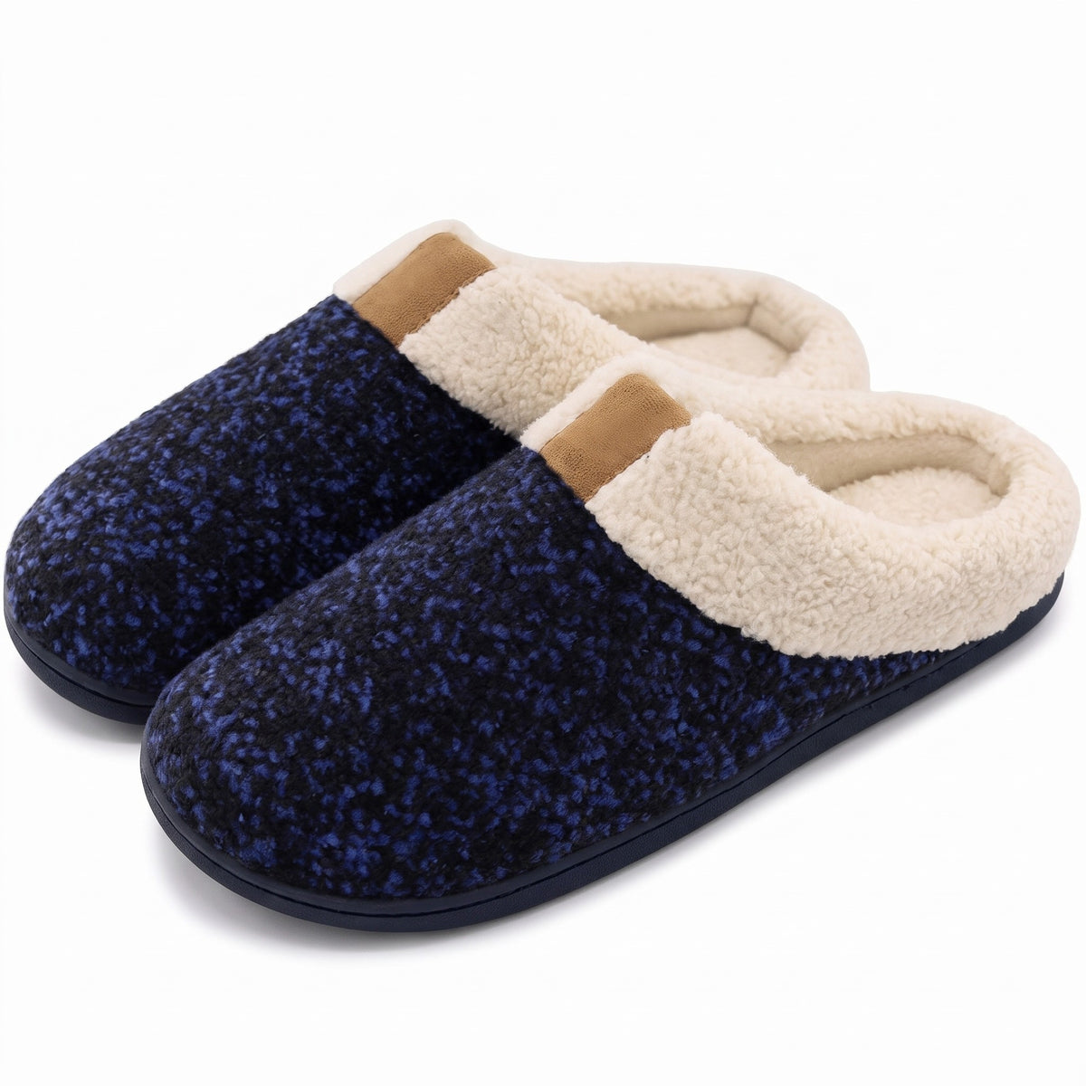 Men's navy marl knit memory foam slippers with sherpa collar