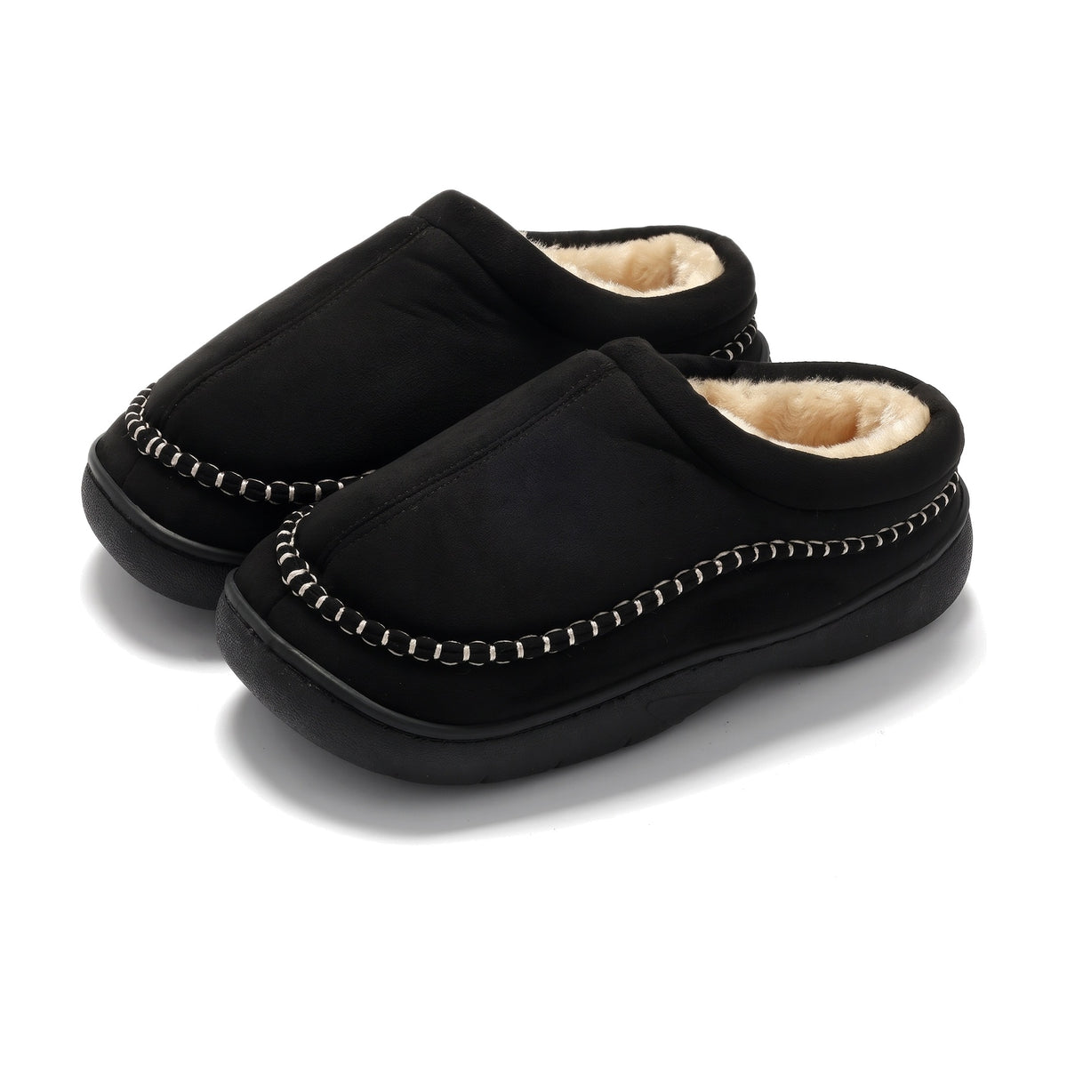 Black faux suede mens clog slippers with cream whip stitching and plush lining
