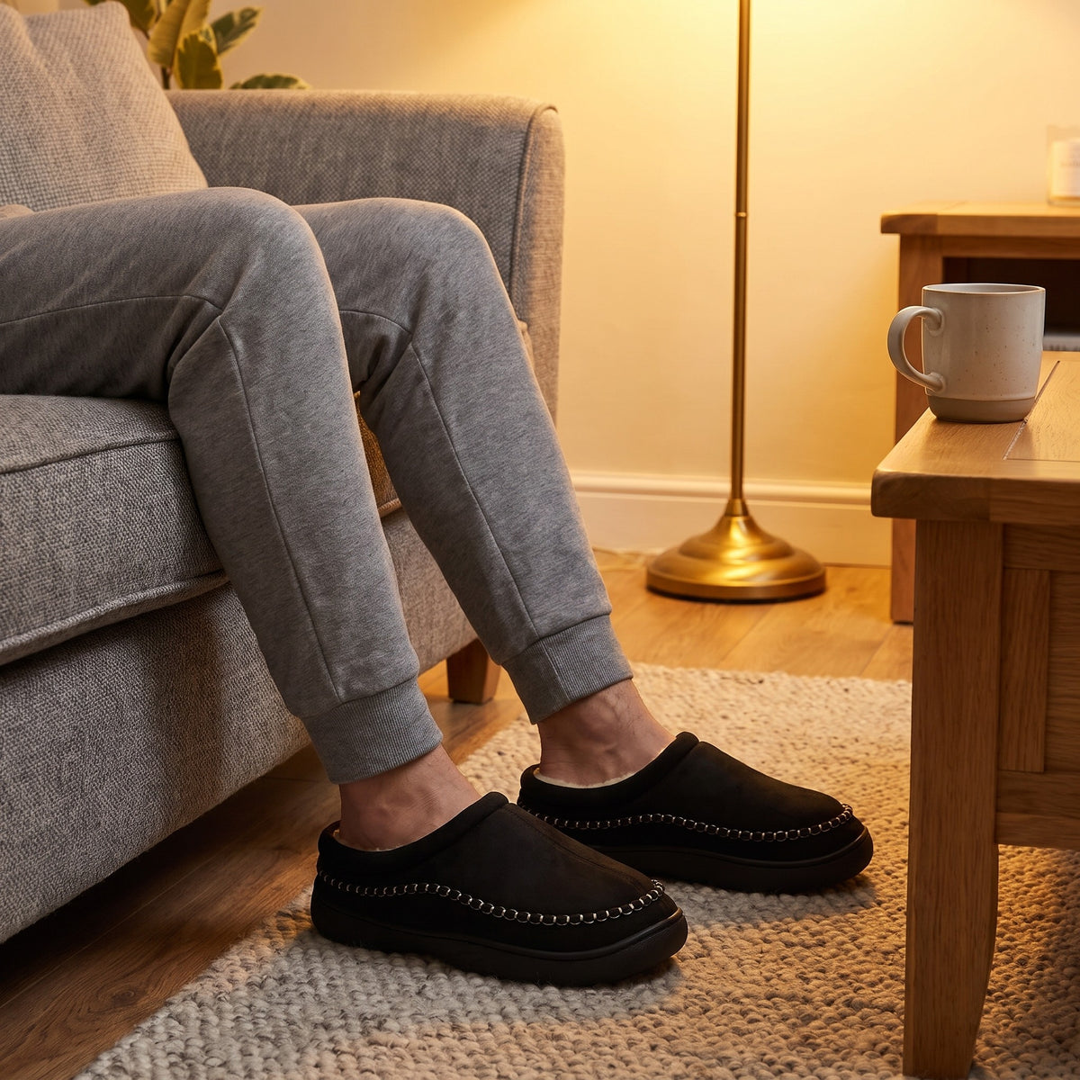 Man in grey joggers wearing black clog slippers on a living room rug