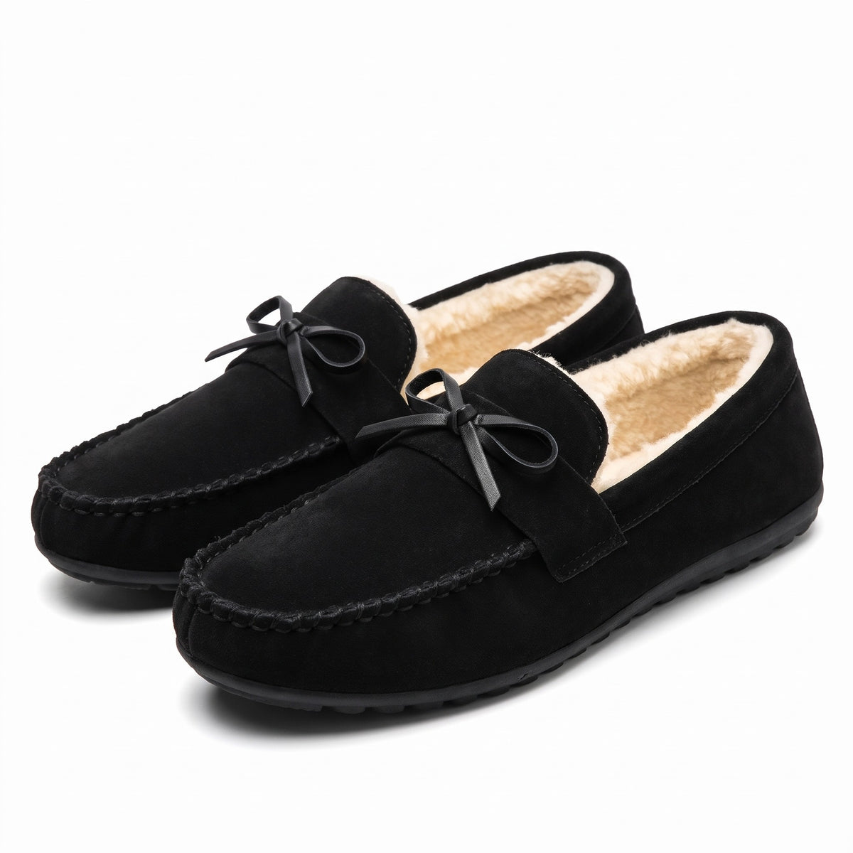Men's black faux suede moccasin slippers with fleece lining and bow lace