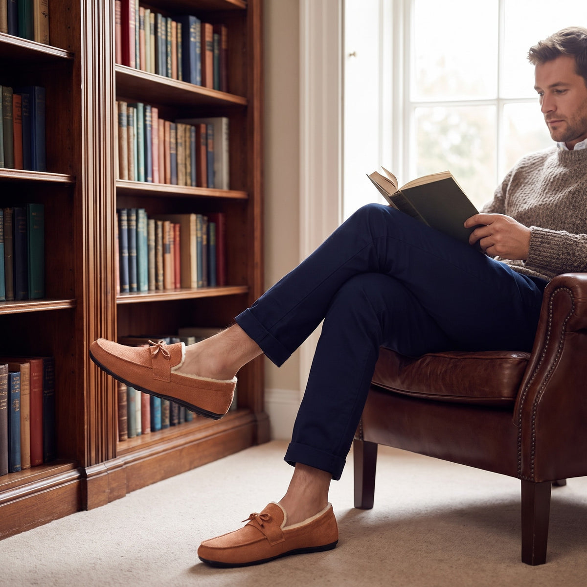Man reading in a leather armchair wearing tan moccasin slippers