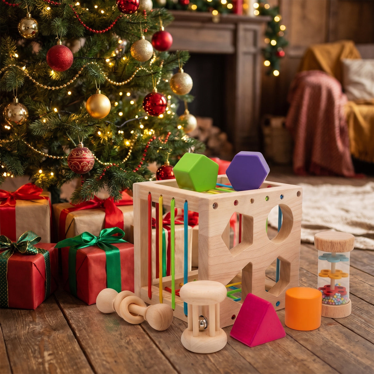Wooden Montessori baby toy set under a Christmas tree as a gift