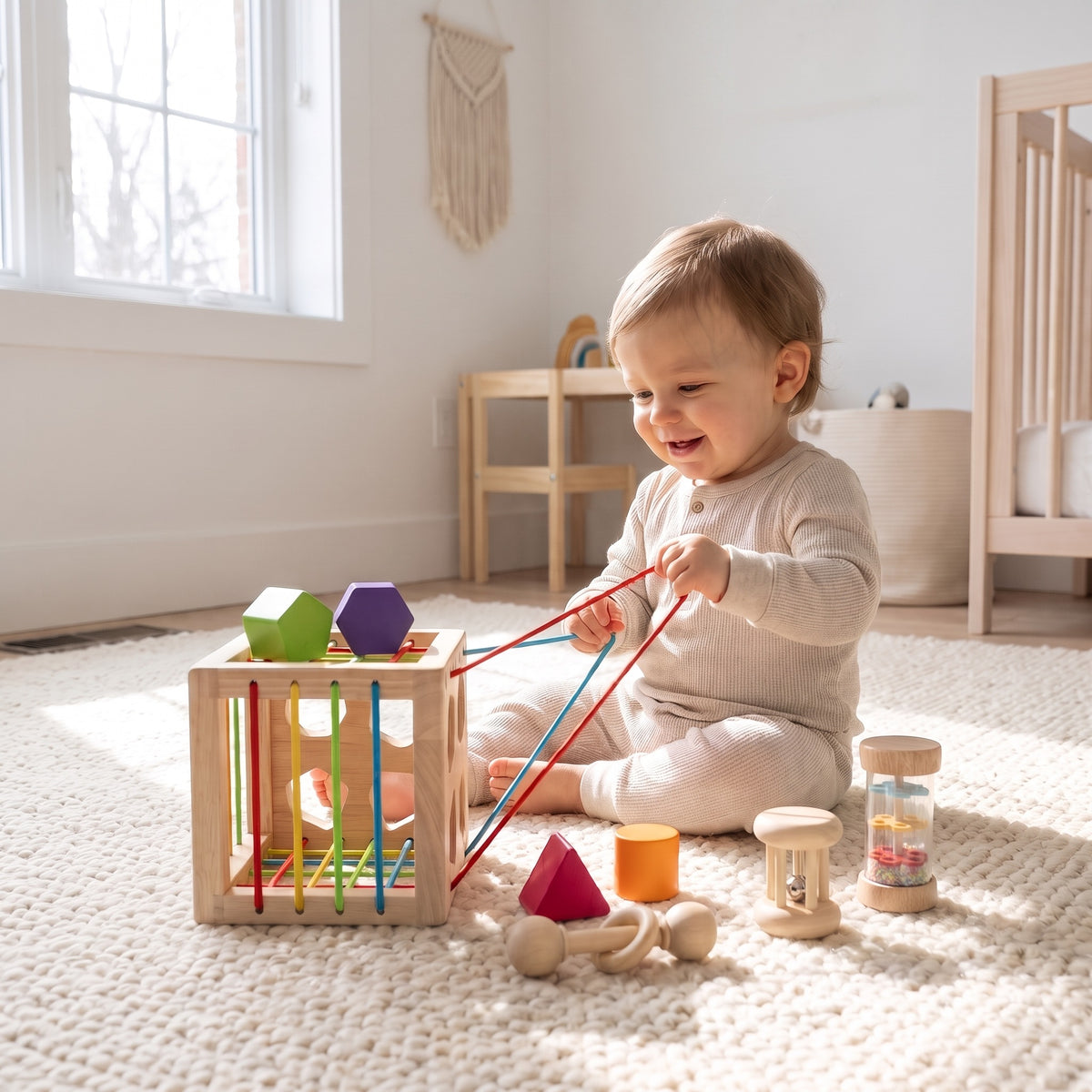 Toddler pulling the rainbow cords of a wooden Montessori sensory cube on a nursery rug