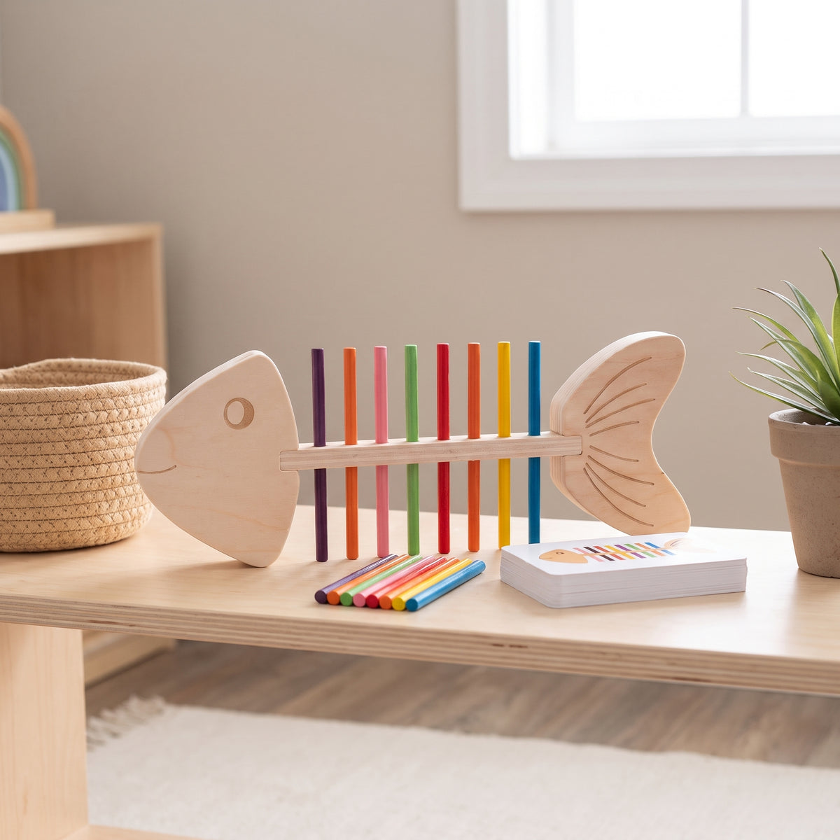 Wooden fishbone colour sorting toy on a Montessori shelf