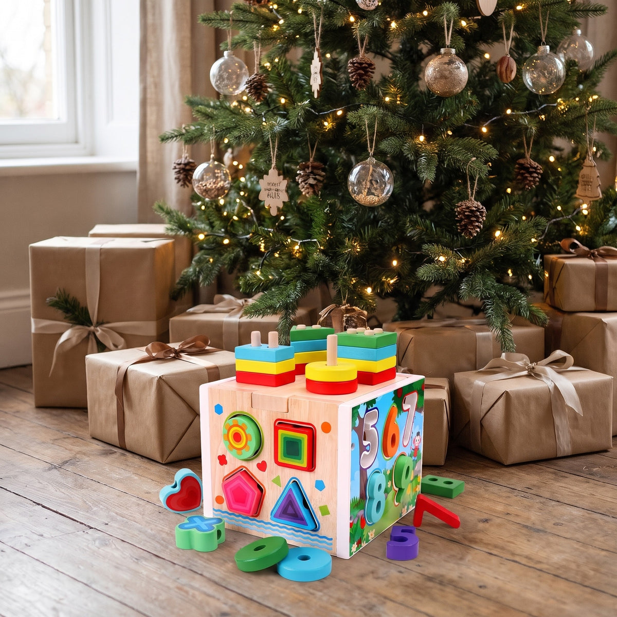 Wooden activity cube shape sorter under a Christmas tree with presents