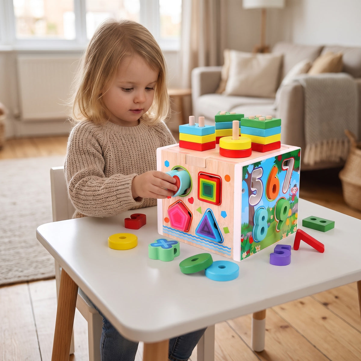 Girl posting a shape into the wooden activity cube at a white play table