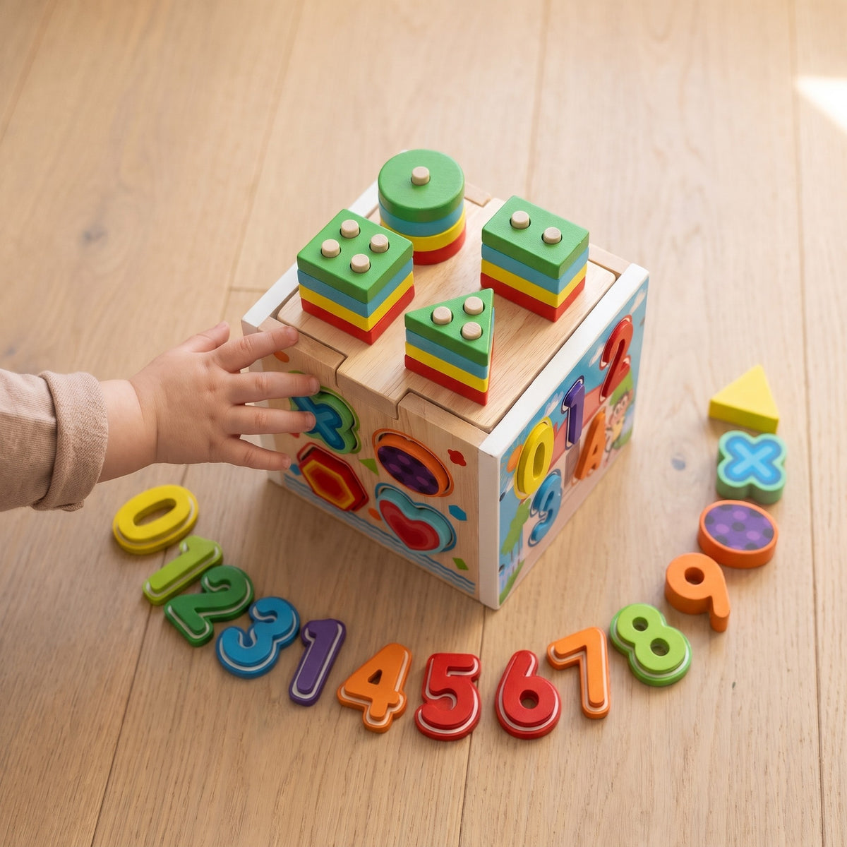 Wooden activity cube with number pieces 0 to 9 laid out on an oak floor