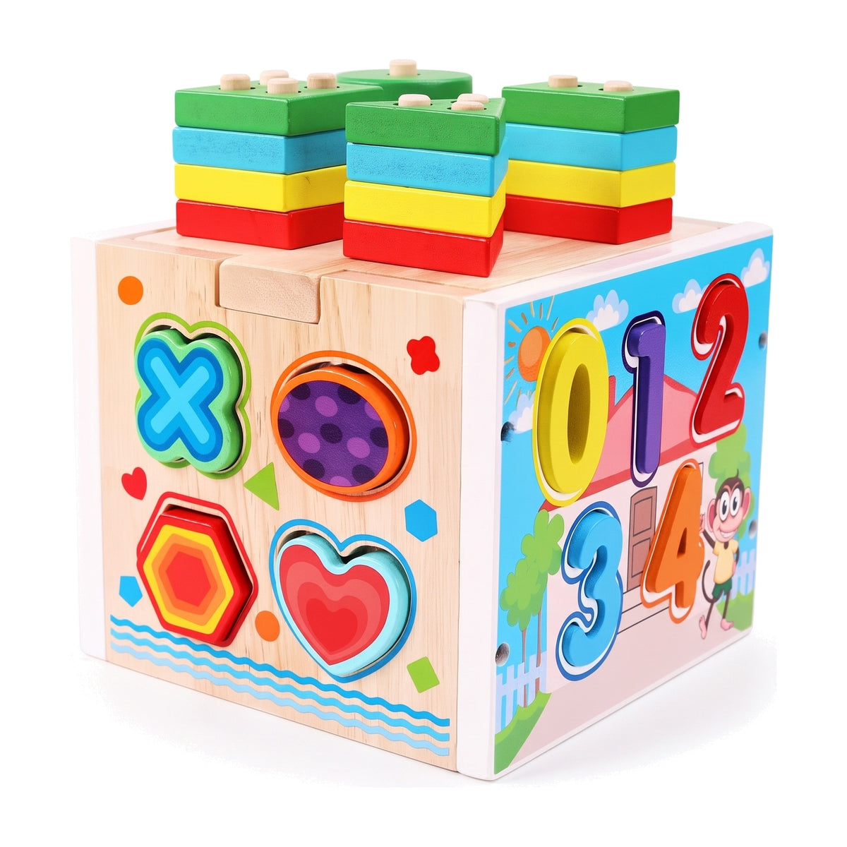 Side view of the wooden activity cube with number holes 0 to 4 and four shape stacks on top