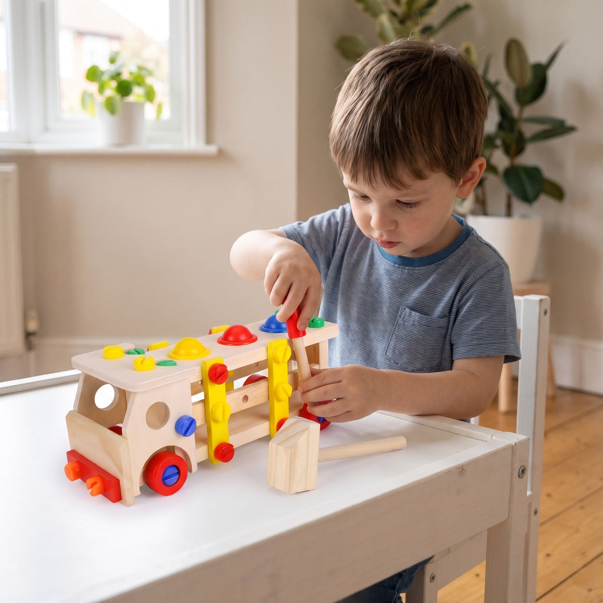 Boy turning a bolt on the wooden screw car with the wooden screwdriver