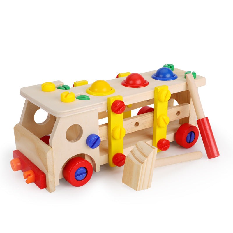 Side view of the wooden screw car toy with red wheels and yellow brackets