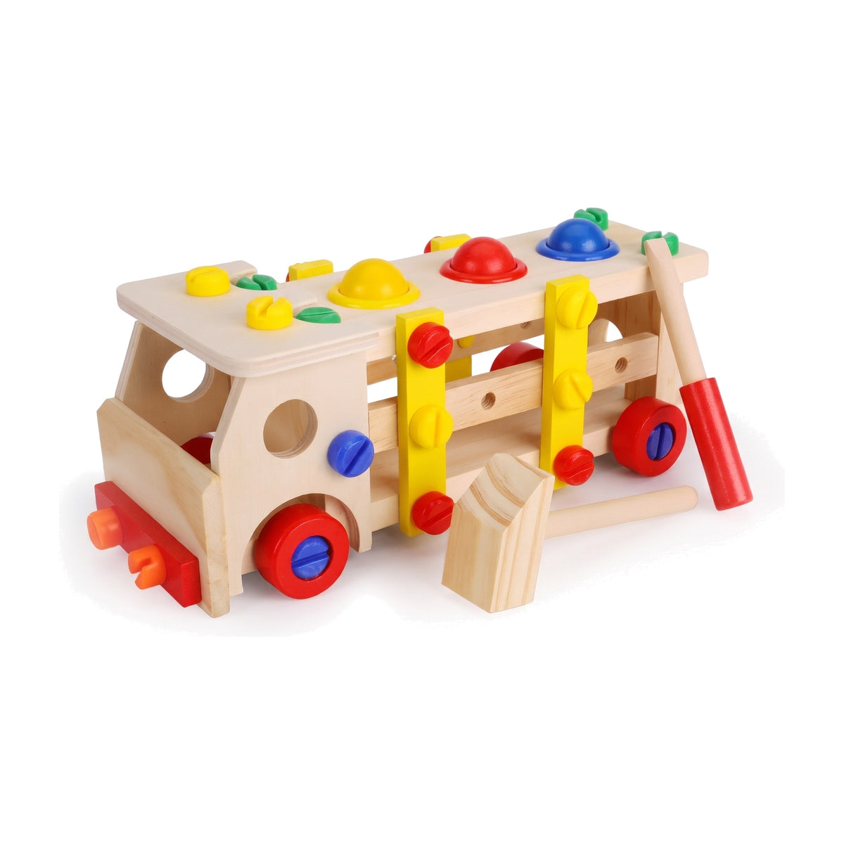 Wooden take apart screw car with colourful bolts, nuts, wheels, screwdriver and mallet
