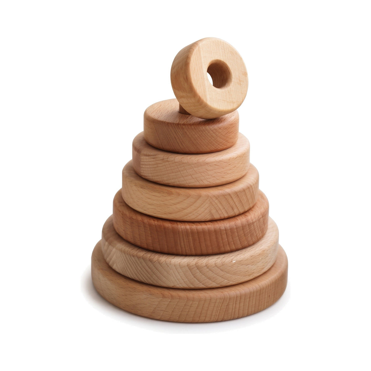 Large natural beech wood rainbow tower stacker with a donut top
