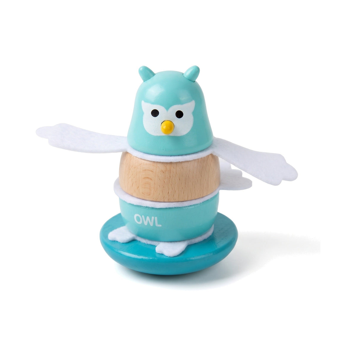 Turquoise wooden owl stacking toy with felt wings