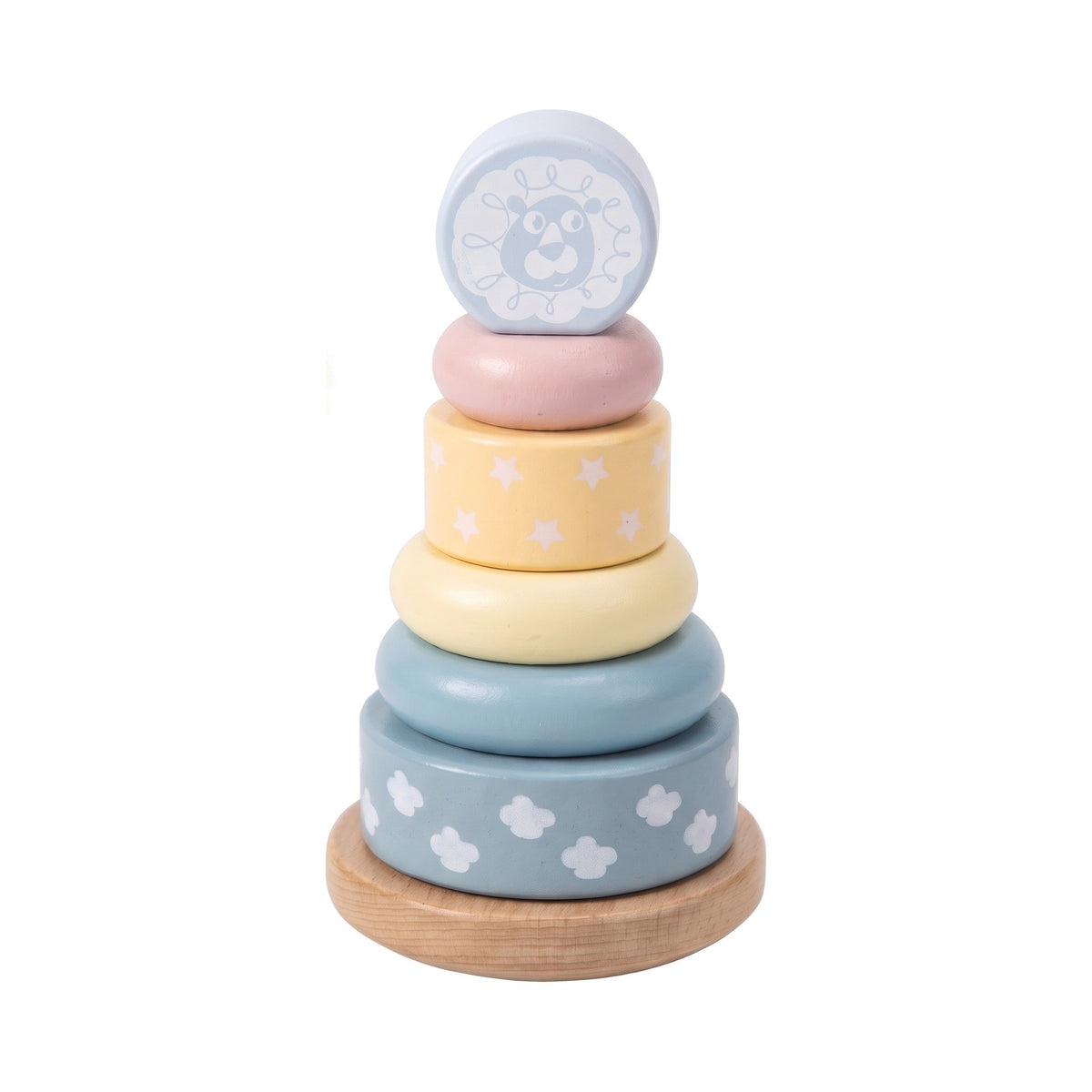 Pastel wooden stacking toy with a bear face top