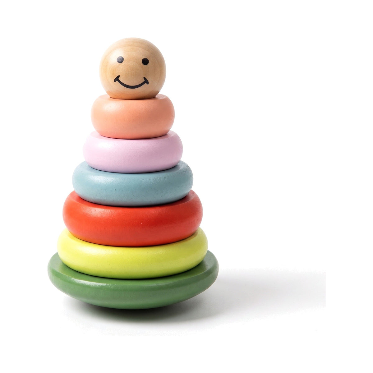 Rainbow wooden stacking toy with a smiley face top