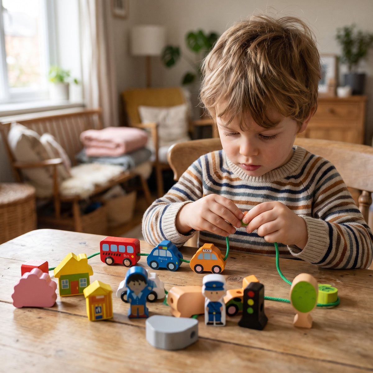 Boy threading wooden city beads onto a green lace at a wooden table