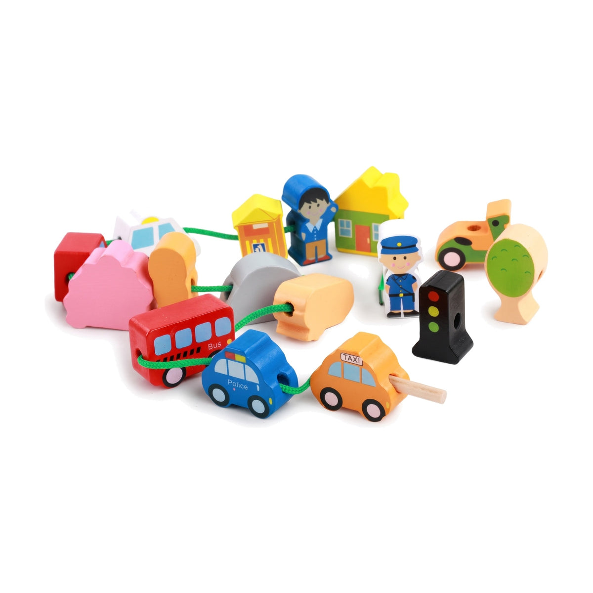 City wooden threading beads with bus, cars, people, houses and green lace
