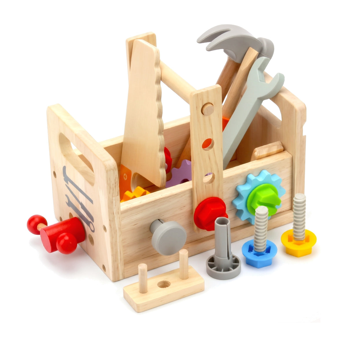Wooden toy tool box with saw, hammer, wrench, bolts, nuts and gears