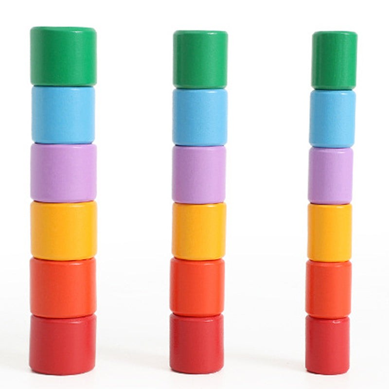 Wooden pieces in six colours: green, blue, lilac, yellow, orange and red