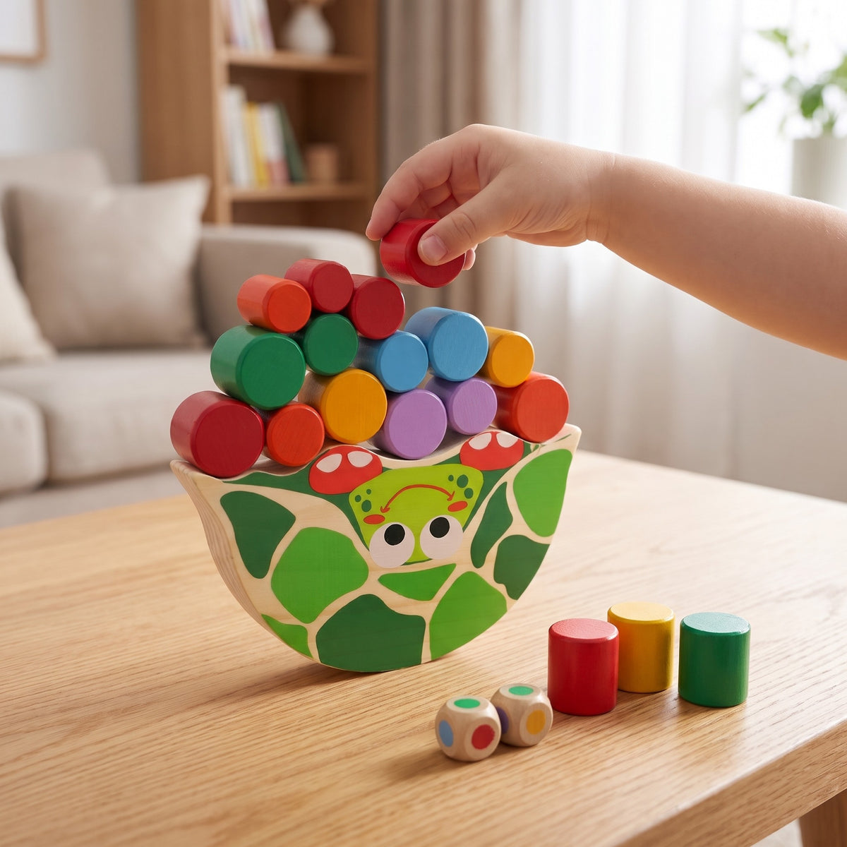 Child lifting a red piece from the stack on the wooden tortoise balance board