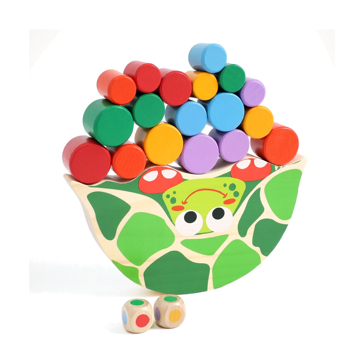 Wooden tortoise balance game with colourful wooden pieces stacked on the rocking board and two colour dice