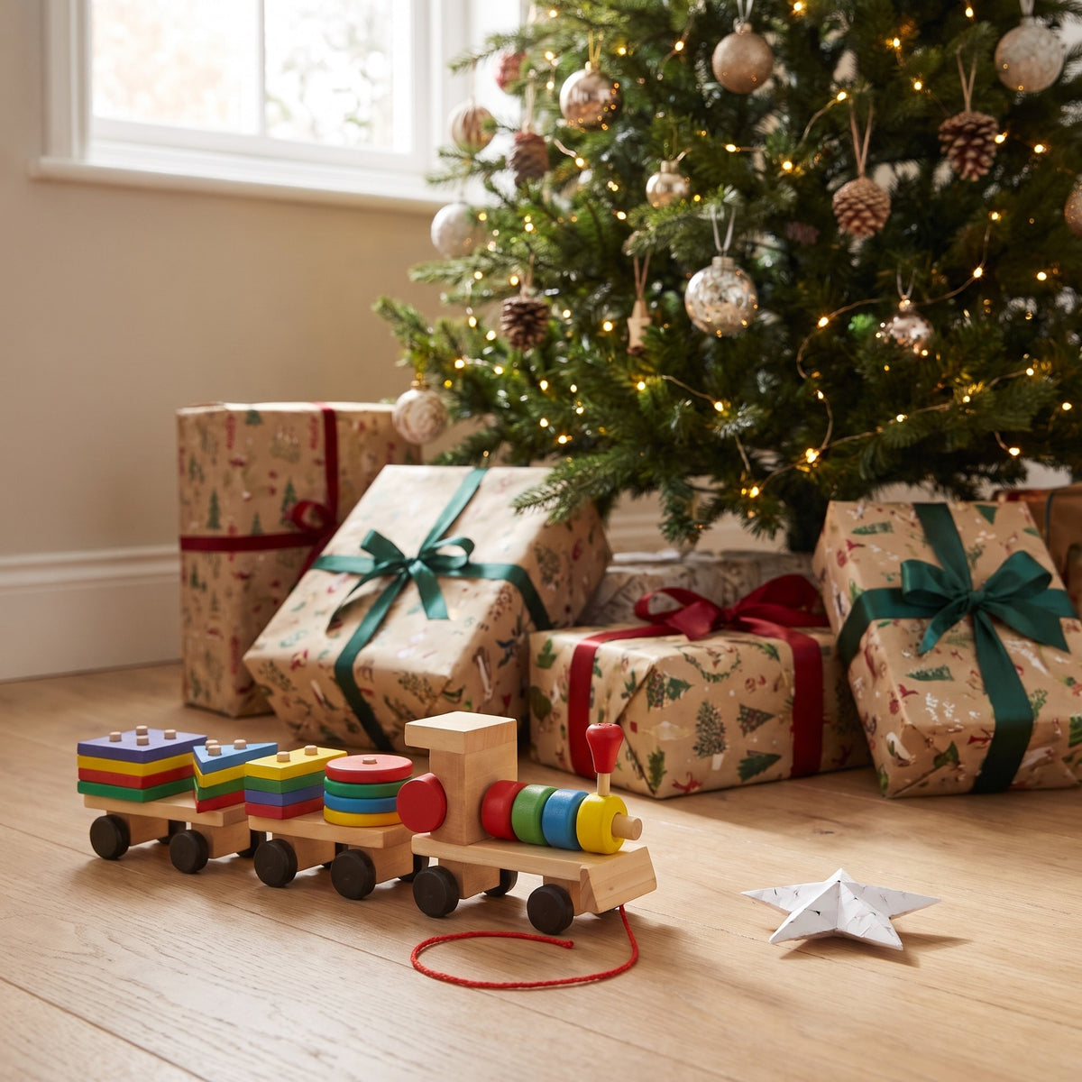 Wooden shape sorting train beside a Christmas tree and wrapped presents