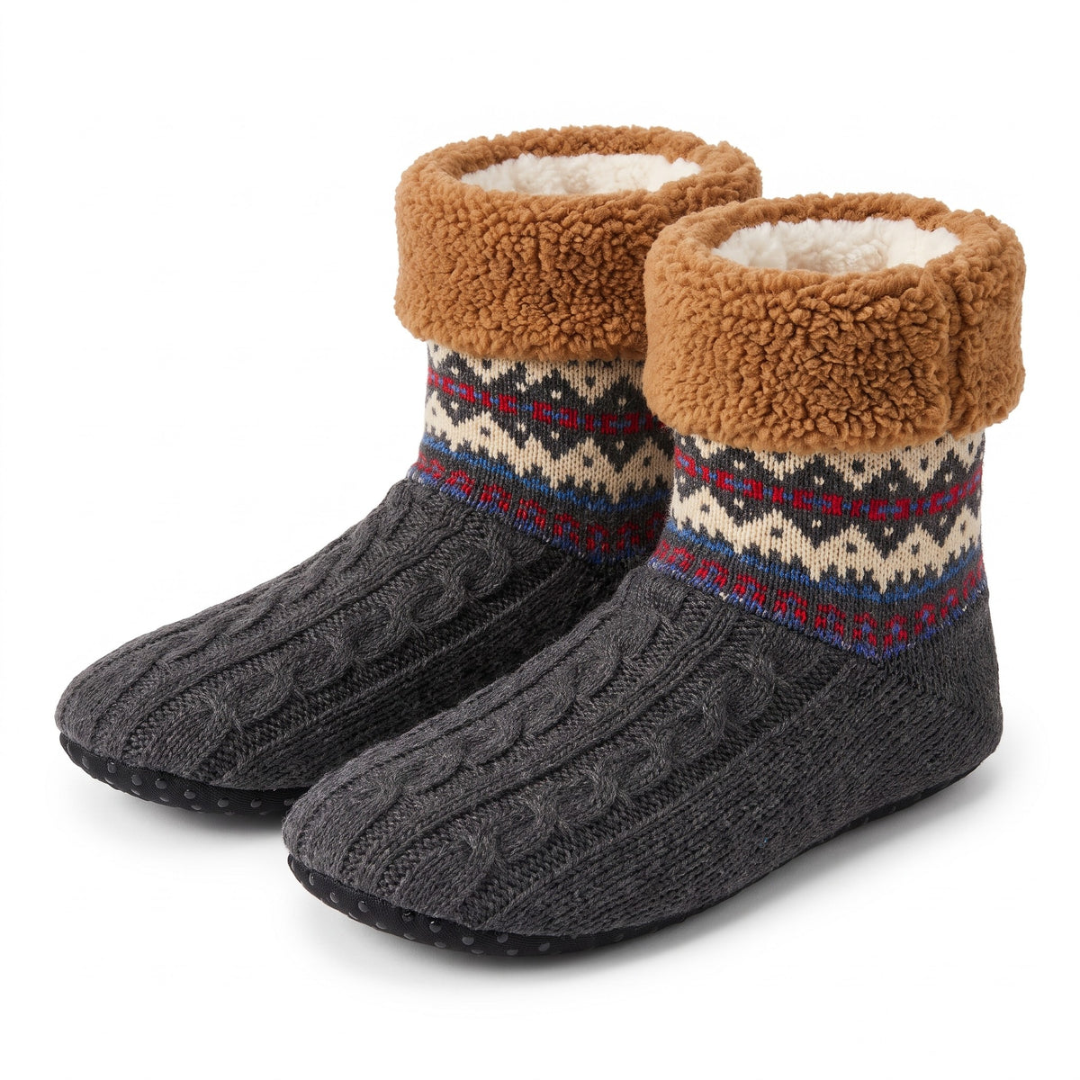 Charcoal Nordic knit slipper socks with teddy fleece cuff