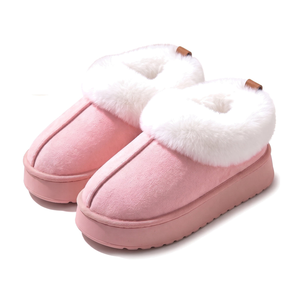 Pink faux suede platform slippers with fluffy cream faux fur collar