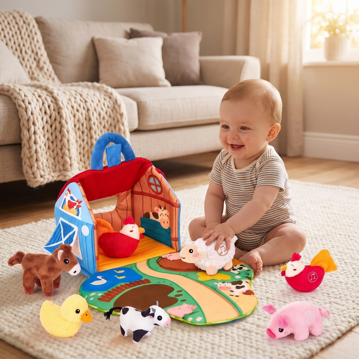 Smiling baby on a cream rug pressing the plush sheep beside the open farm barn