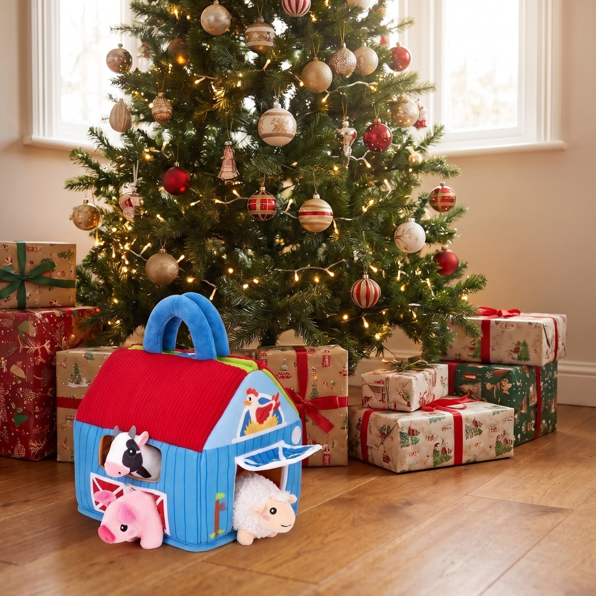 Plush farm barn with pig and sheep peeking out under a Christmas tree with presents
