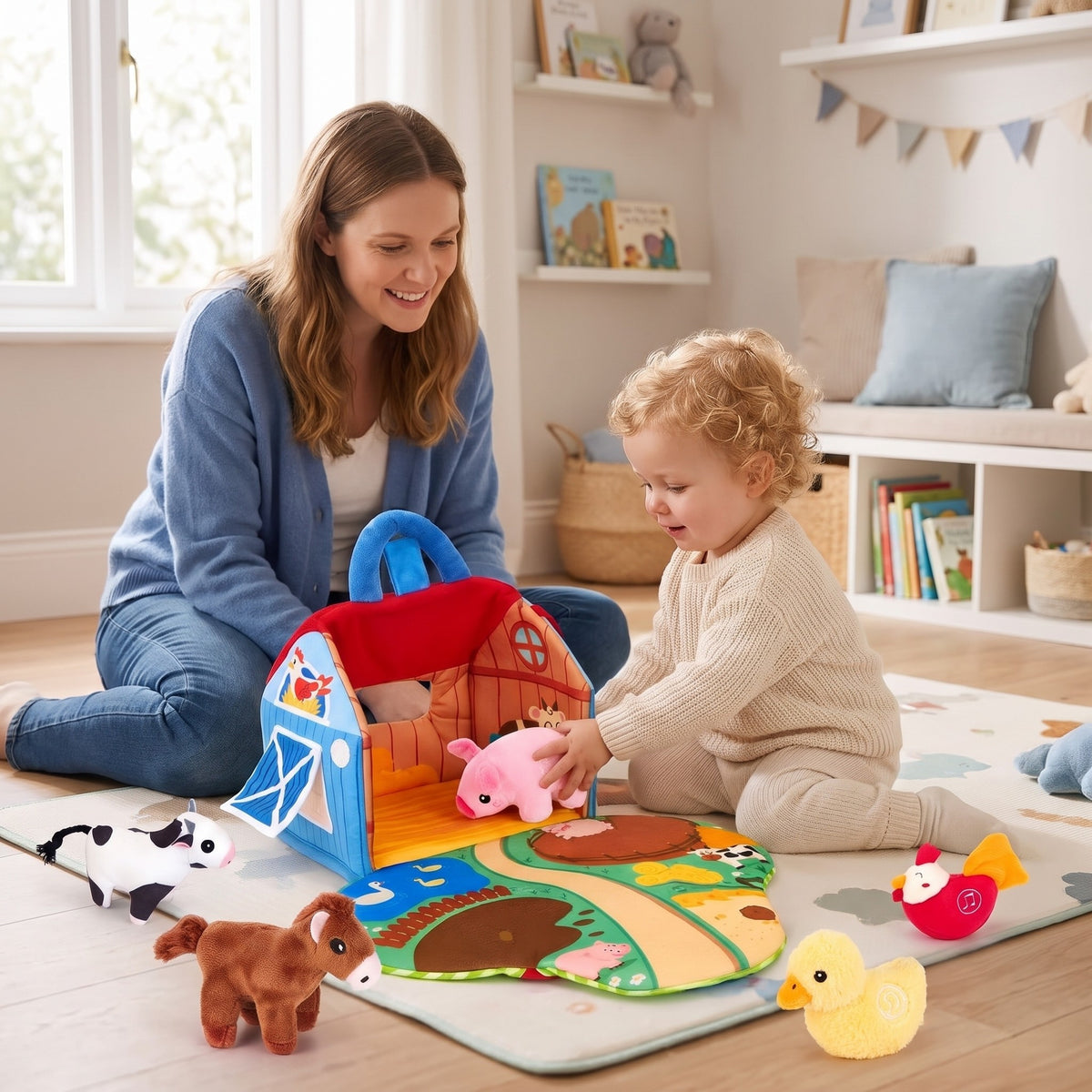 Mum and toddler in a nursery putting the plush pig into the soft farm barn