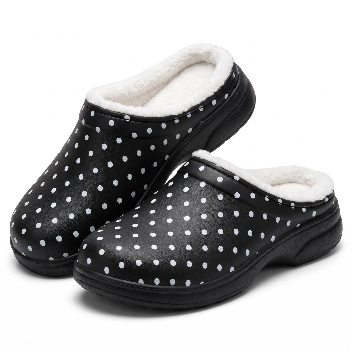 Black polka dot clog slippers with fleece lining and arch support