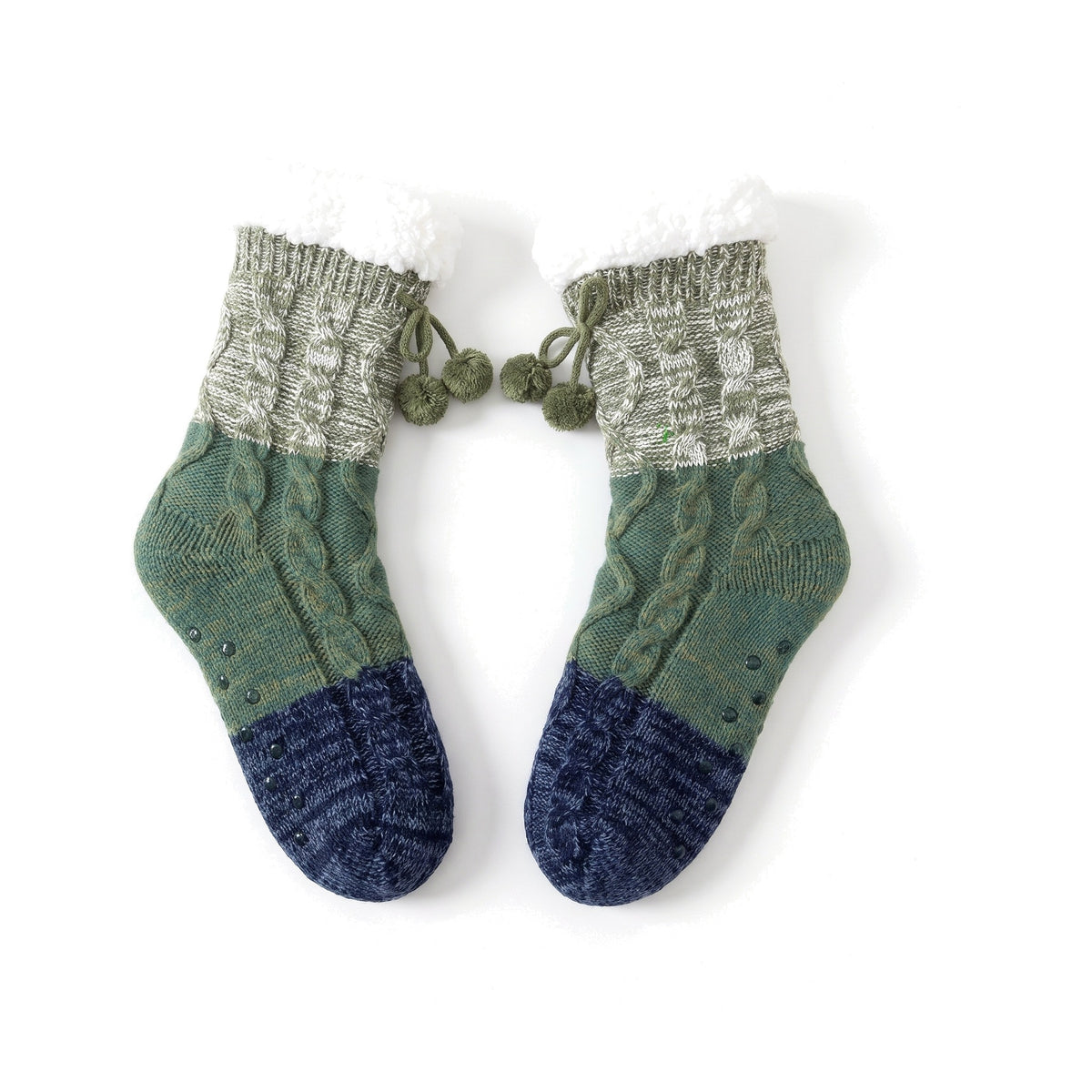 Green cable knit slipper socks with sherpa cuff and pom pom tie