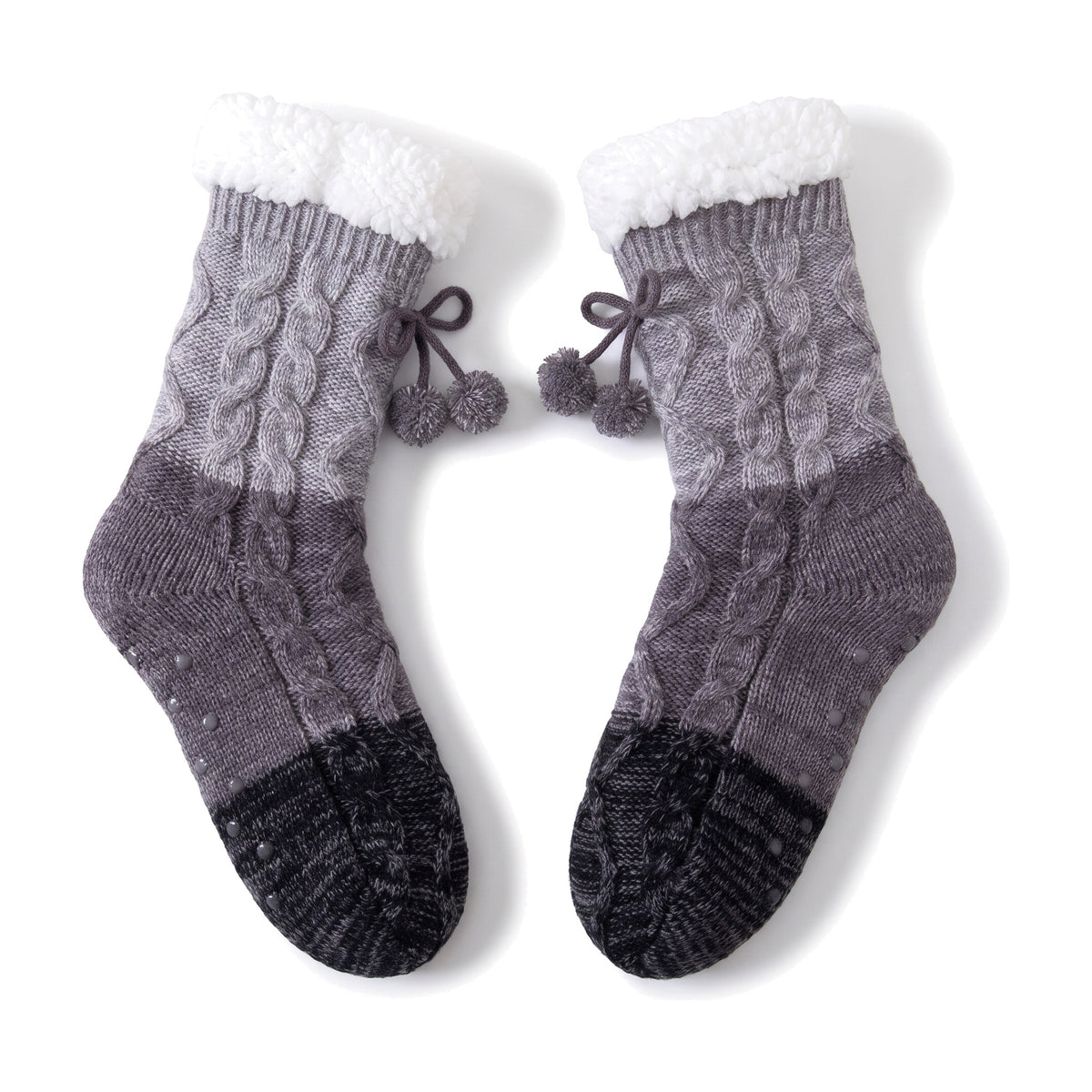 Grey cable knit slipper socks with sherpa cuff and pom pom tie